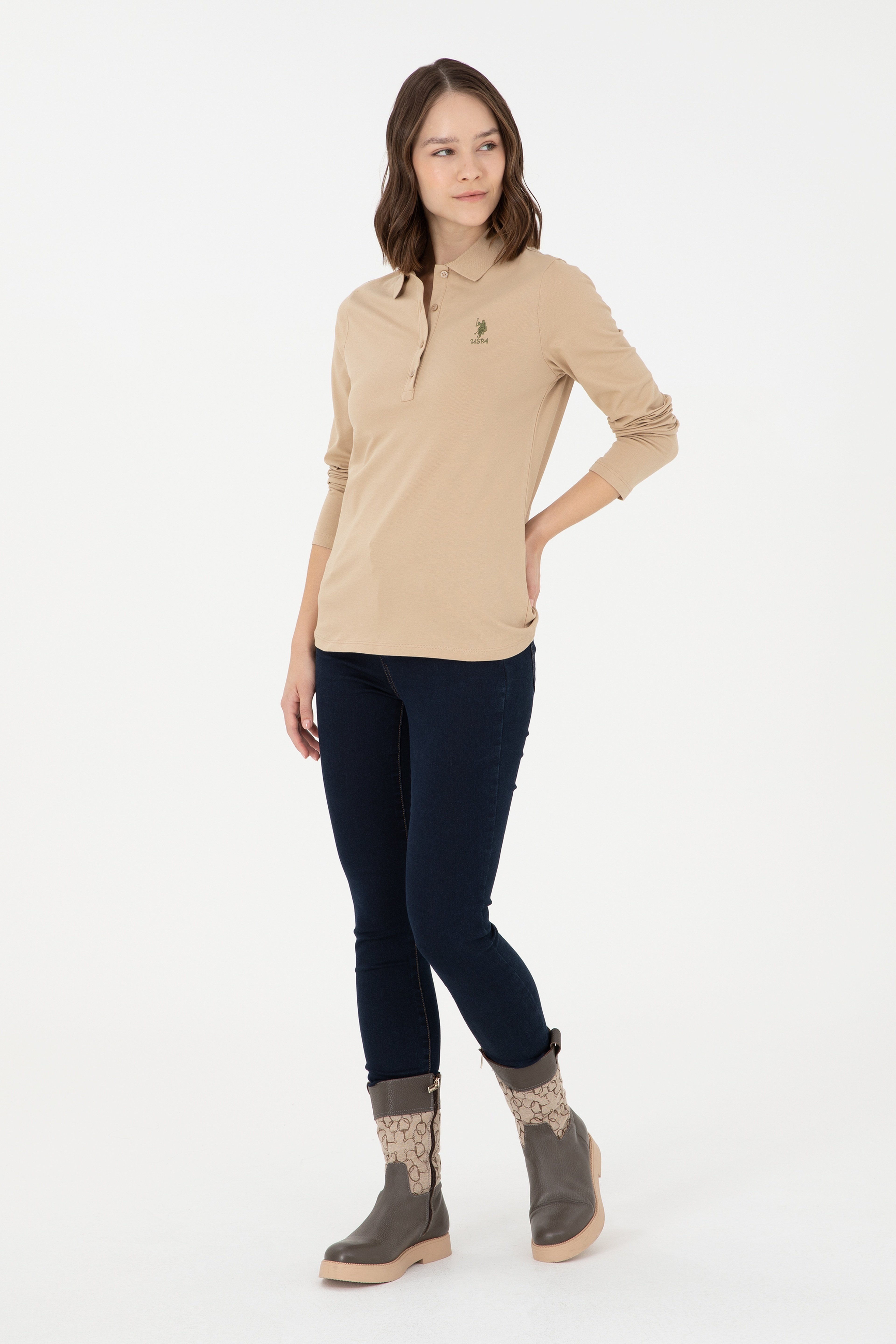 Kadın Kum Basic Polo Yaka Sweatshirt - Image 4