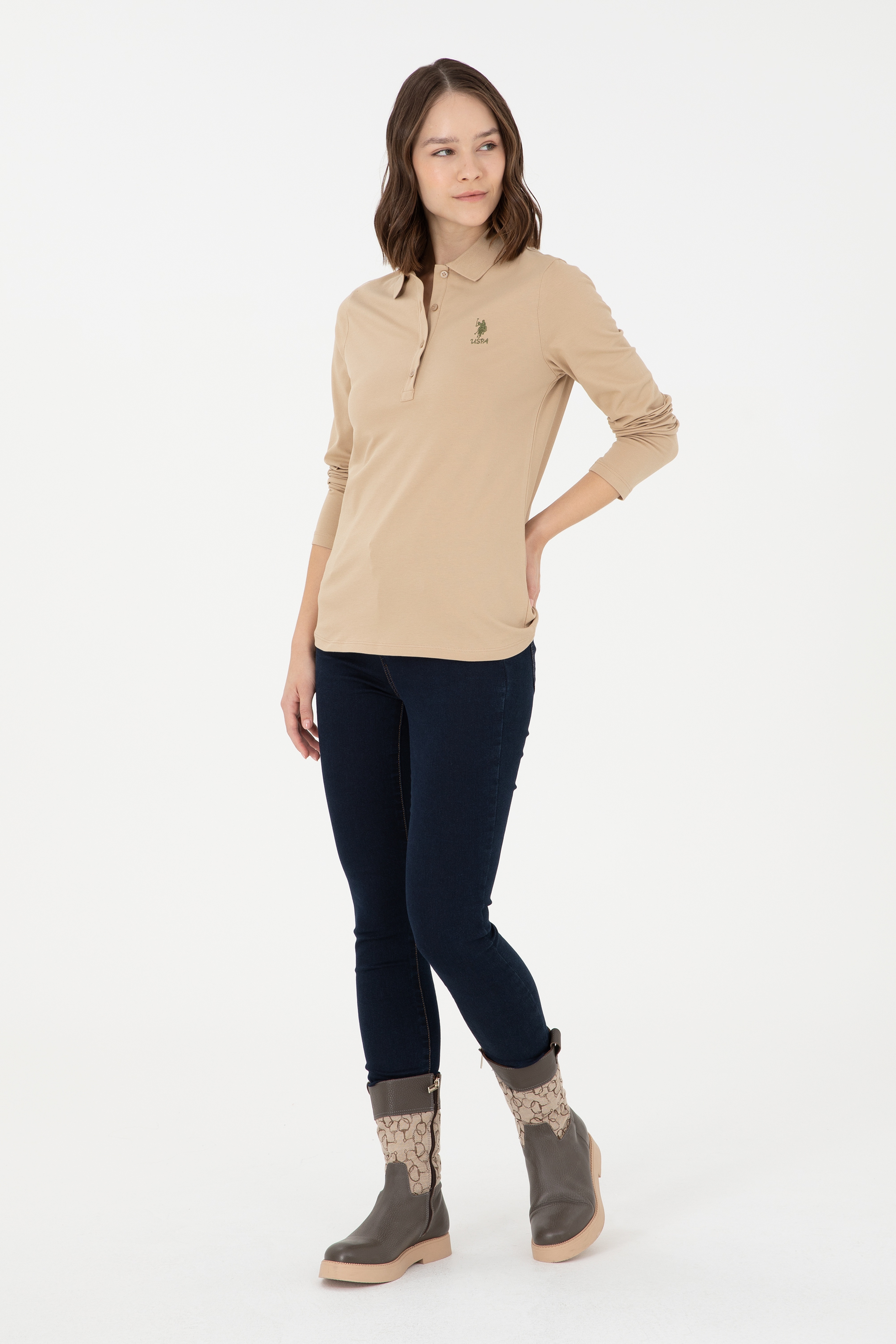 Kadın Kum Basic Polo Yaka Sweatshirt