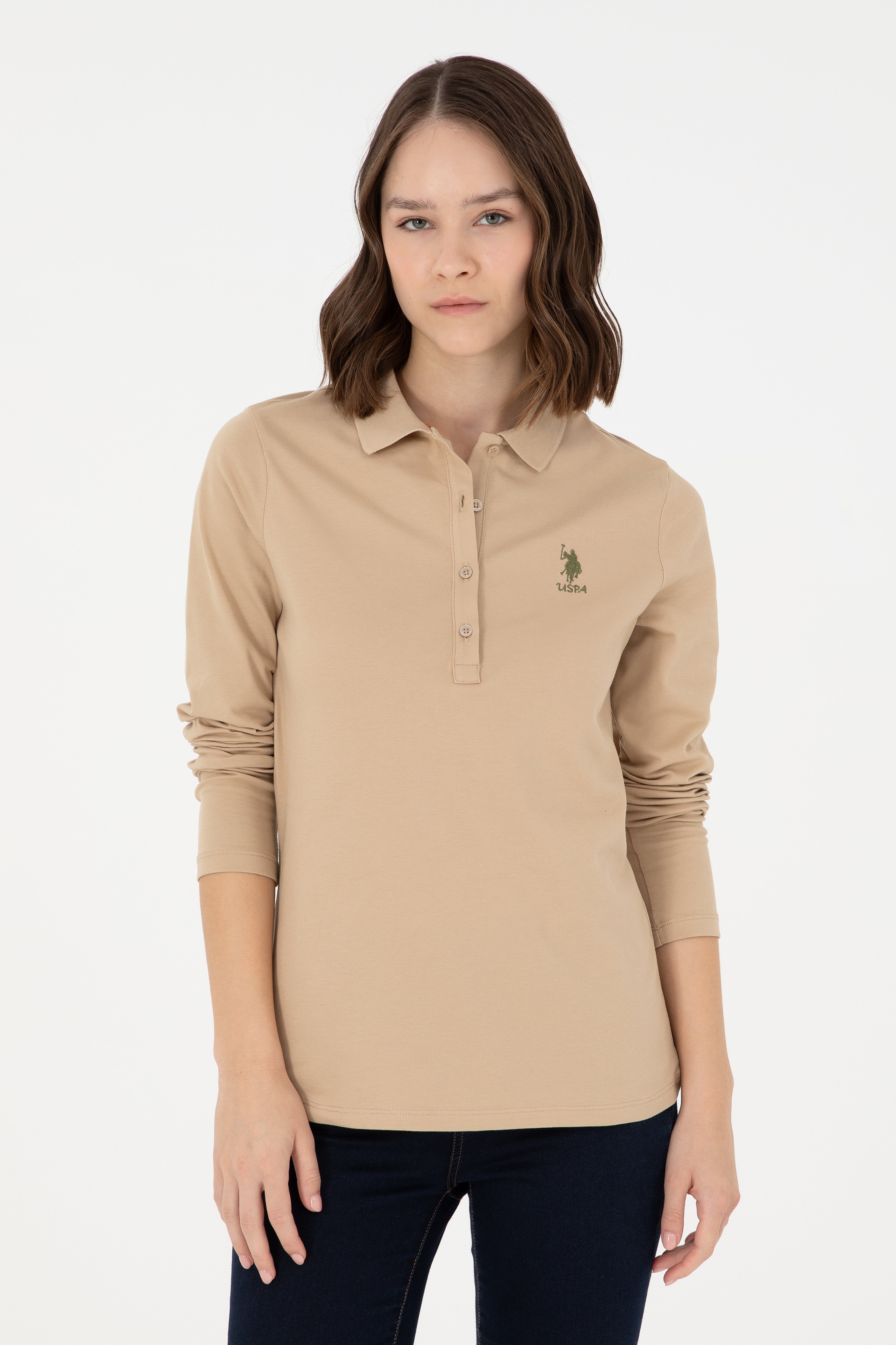 Kadın Kum Basic Polo Yaka Sweatshirt - Image 1