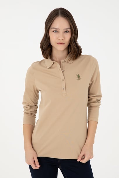 Kadın Kum Basic Polo Yaka Sweatshirt