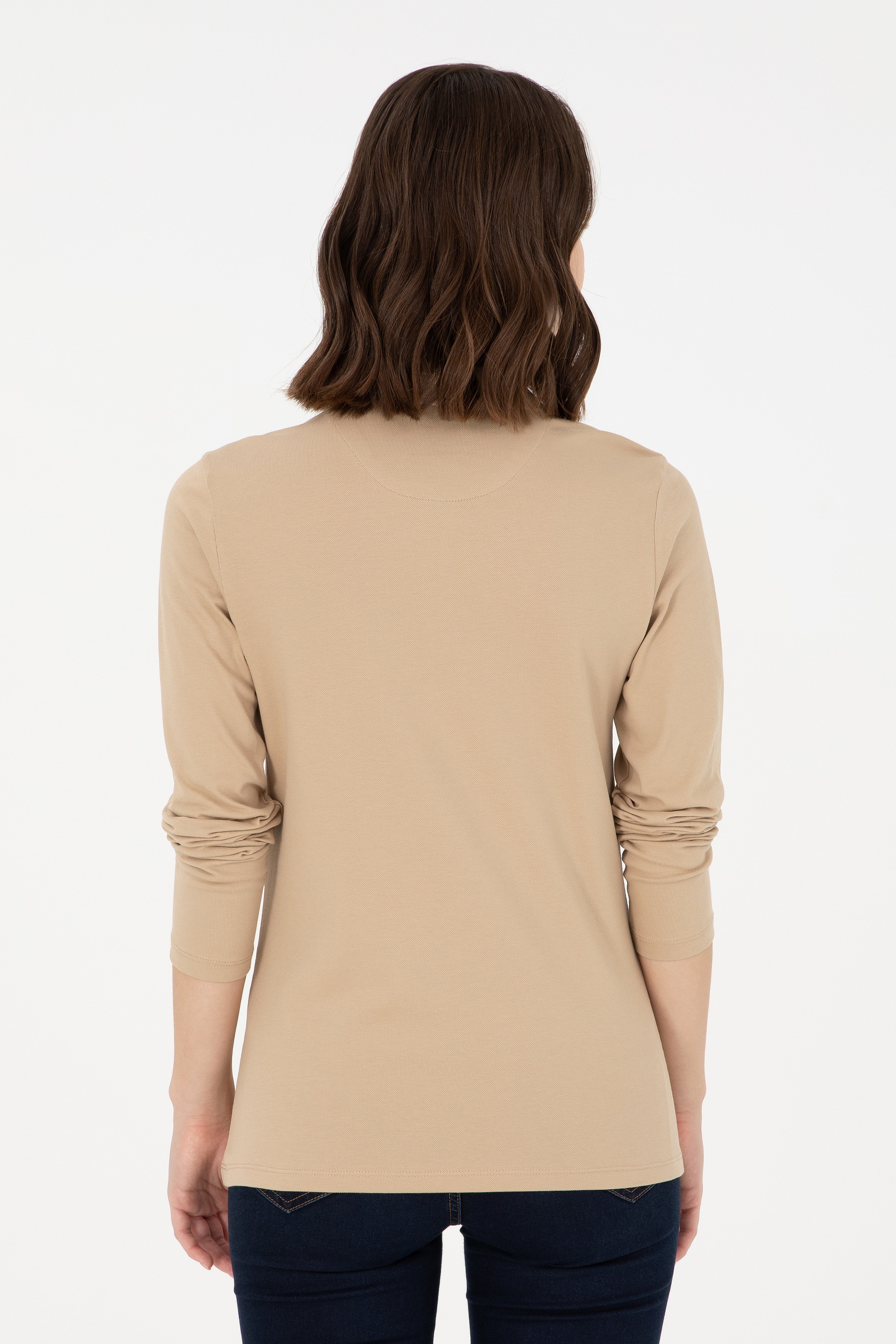 Kadın Kum Basic Polo Yaka Sweatshirt