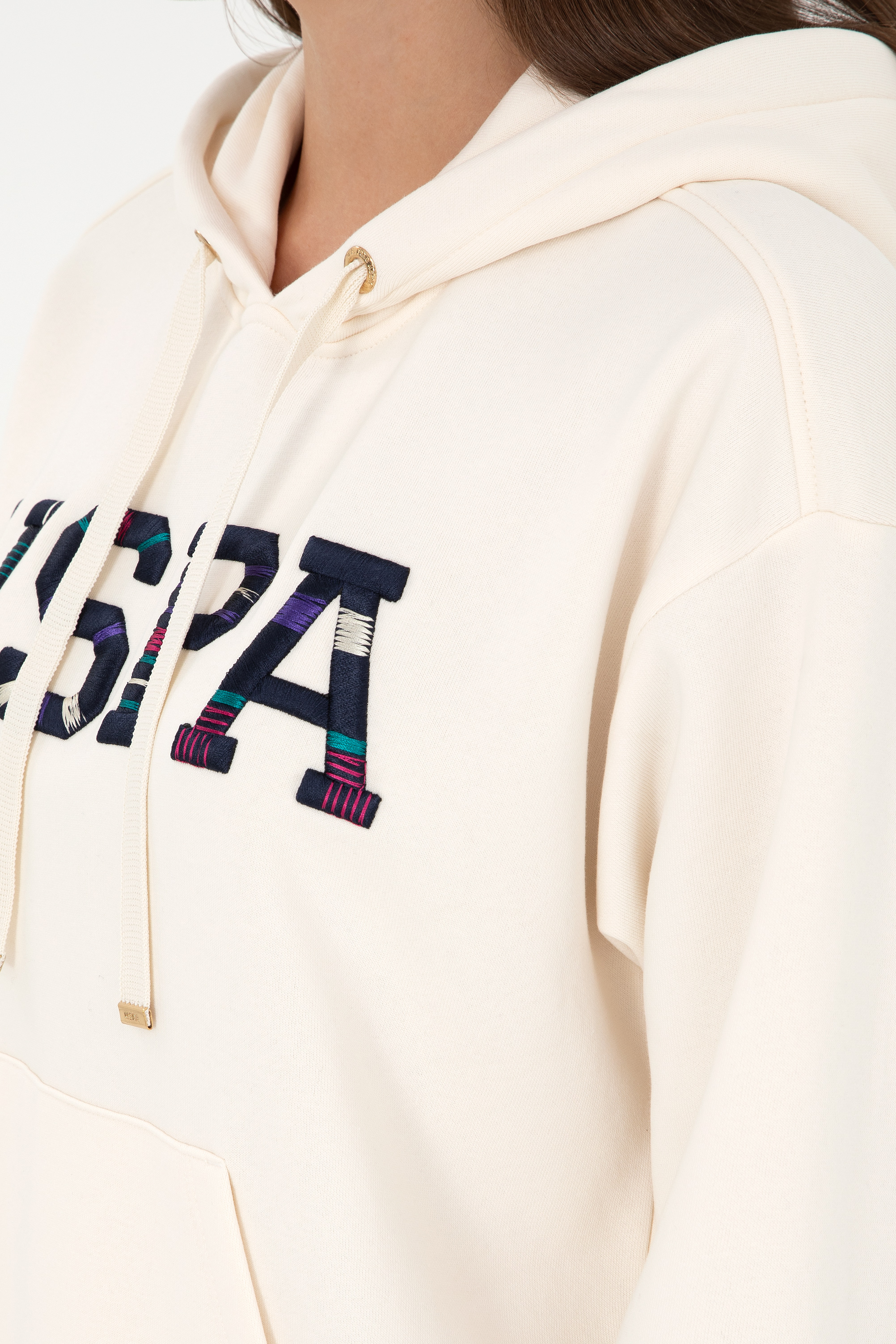 Kadın Krem Kapüşonlu Sweatshirt - Image 7