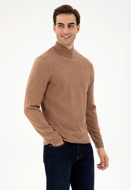 Erkek Slim Fit Yarım Balıkçı Yaka Camel Melanj Kazak - 50297038010