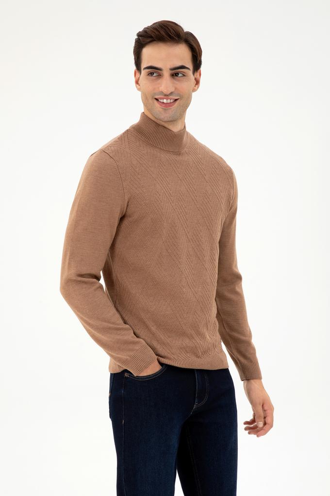 Erkek Slim Fit Yarım Balıkçı Yaka Camel Melanj Kazak