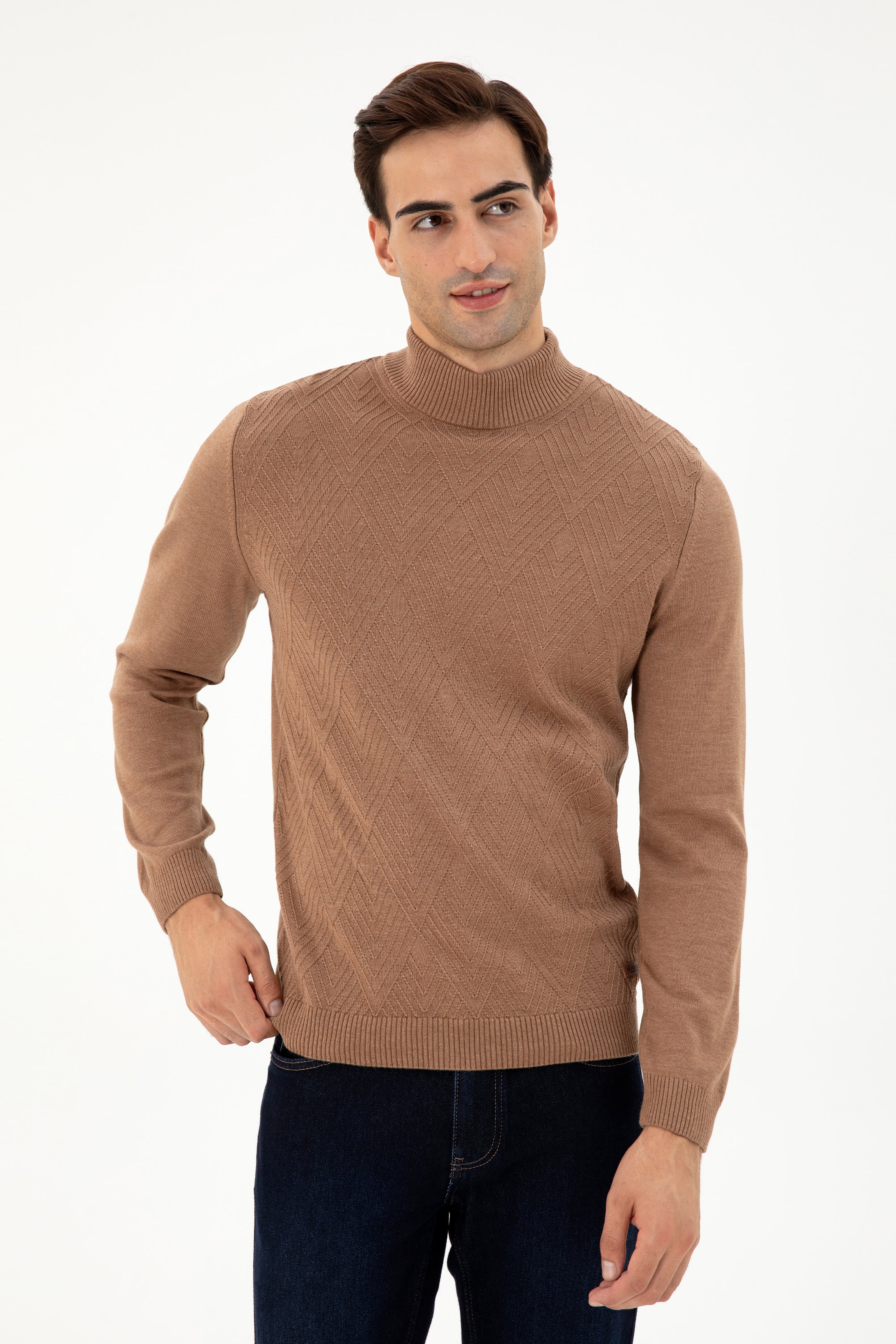 Erkek Slim Fit Yarım Balıkçı Yaka Camel Melanj Kazak - Image 3