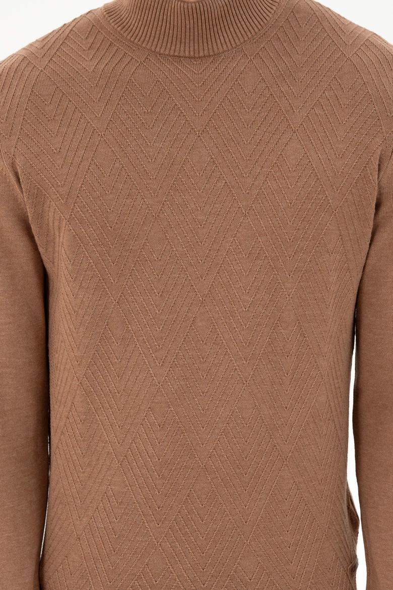 Erkek Slim Fit Yarım Balıkçı Yaka Camel Melanj Kazak - 50297038010