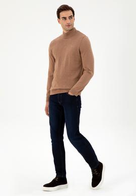 Erkek Slim Fit Yarım Balıkçı Yaka Camel Melanj Kazak - 50297038010
