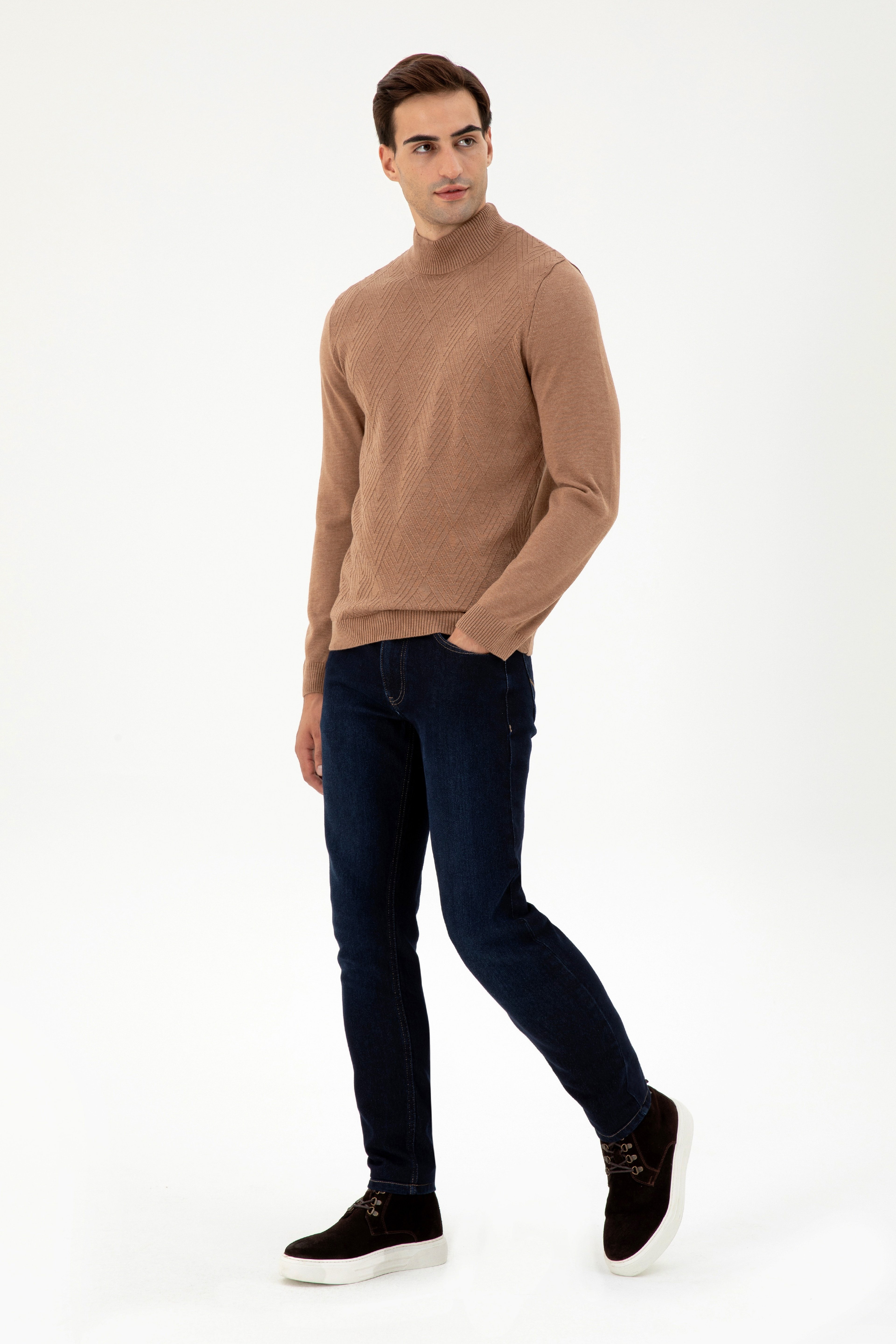 Erkek Slim Fit Yarım Balıkçı Yaka Camel Melanj Kazak