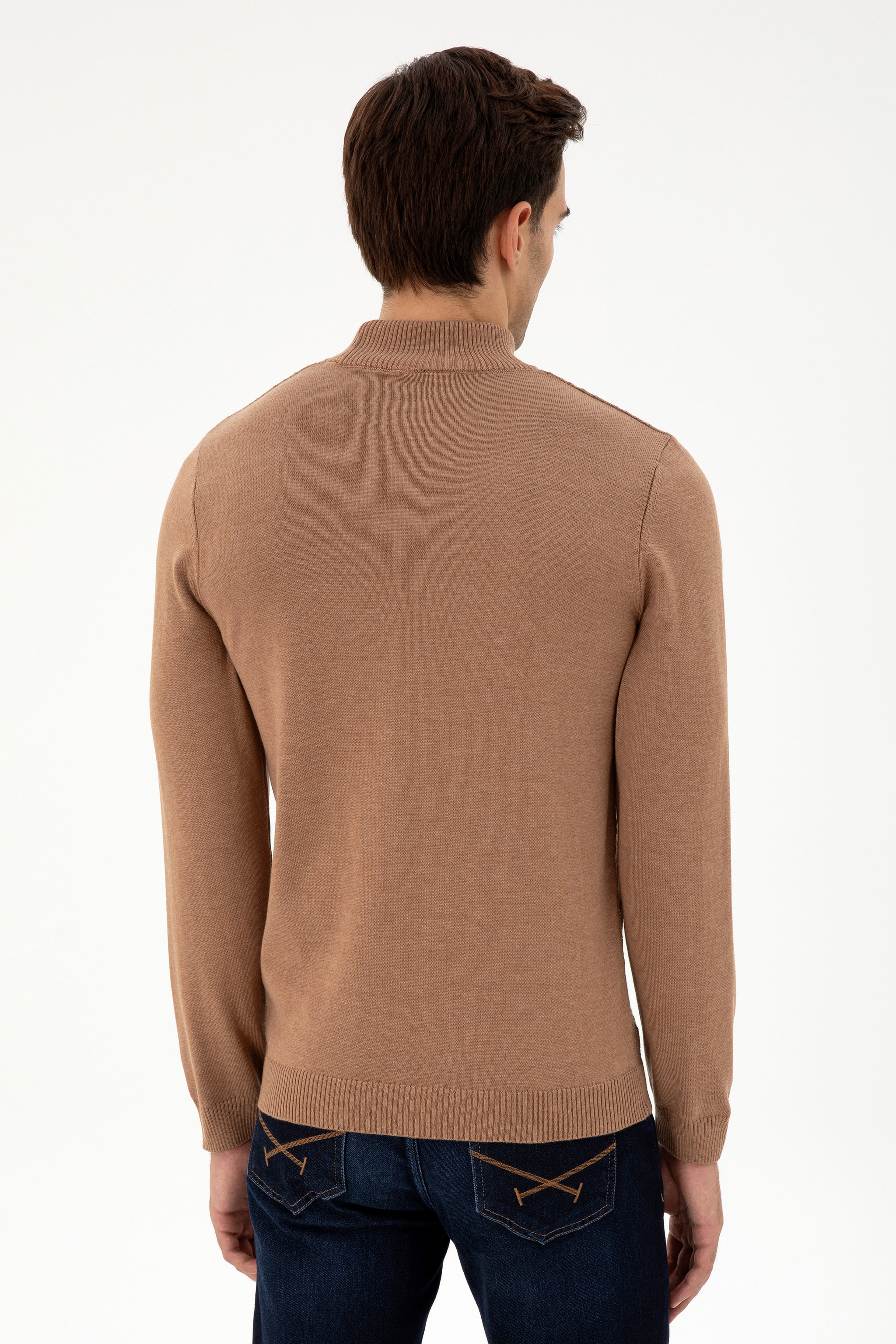 Erkek Slim Fit Yarım Balıkçı Yaka Camel Melanj Kazak - Image 5
