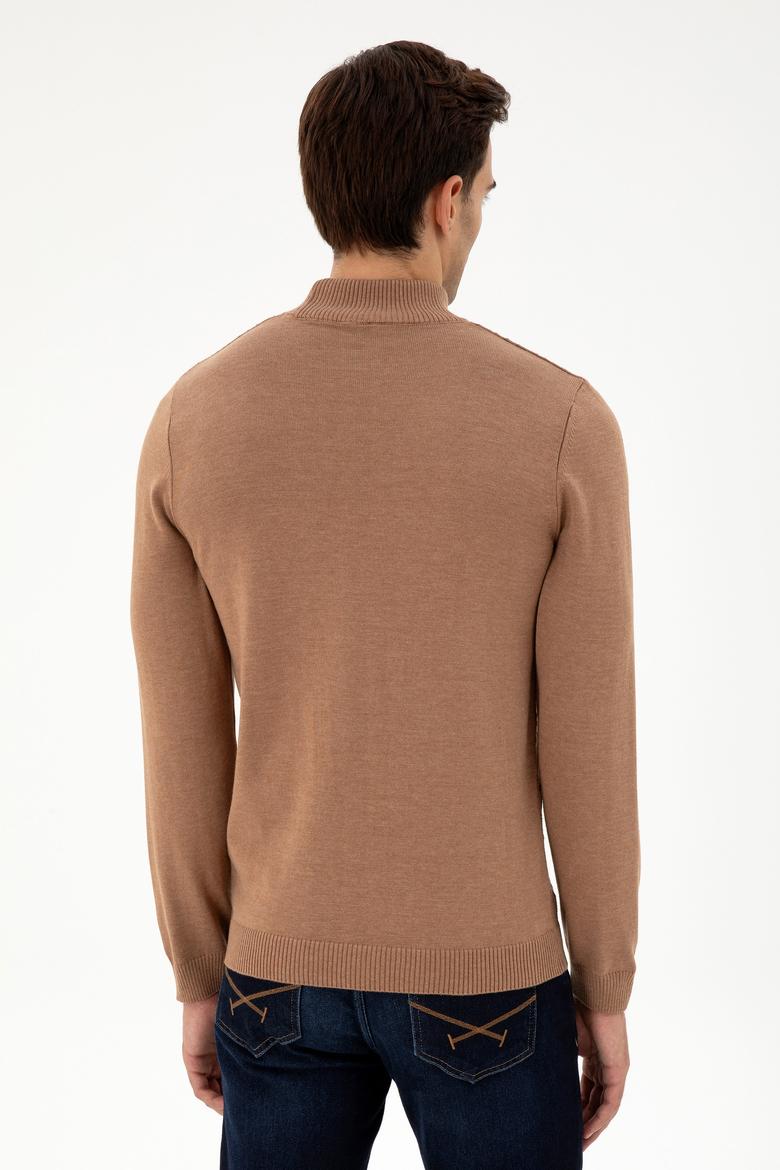 Erkek Slim Fit Yarım Balıkçı Yaka Camel Melanj Kazak - 50297038010