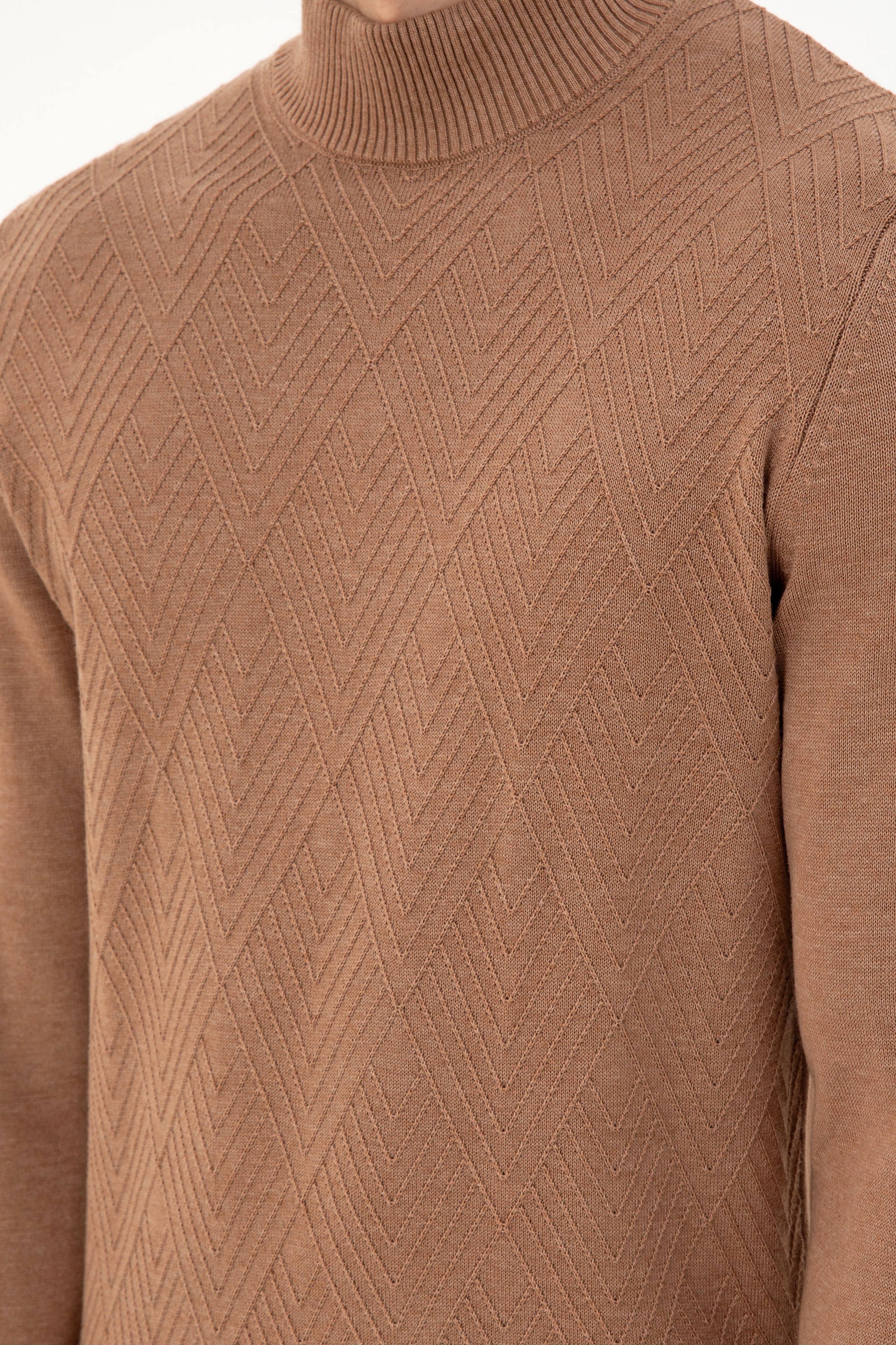 Erkek Slim Fit Yarım Balıkçı Yaka Camel Melanj Kazak - Image 7