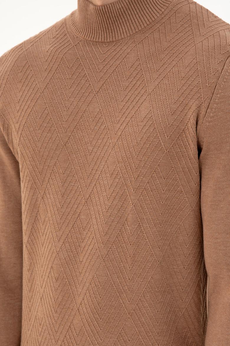 Erkek Slim Fit Yarım Balıkçı Yaka Camel Melanj Kazak - 50297038010