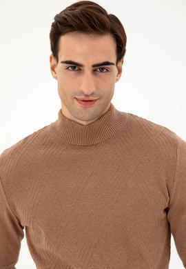 Erkek Slim Fit Yarım Balıkçı Yaka Camel Melanj Kazak - 50297038010