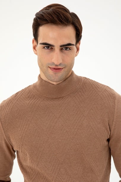 Erkek Slim Fit Yarım Balıkçı Yaka Camel Melanj Kazak