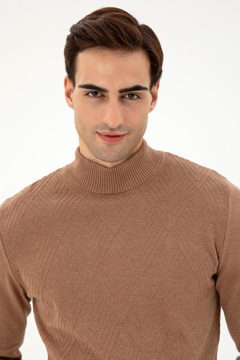 Erkek Slim Fit Yarım Balıkçı Yaka Camel Melanj Kazak - 50297038010