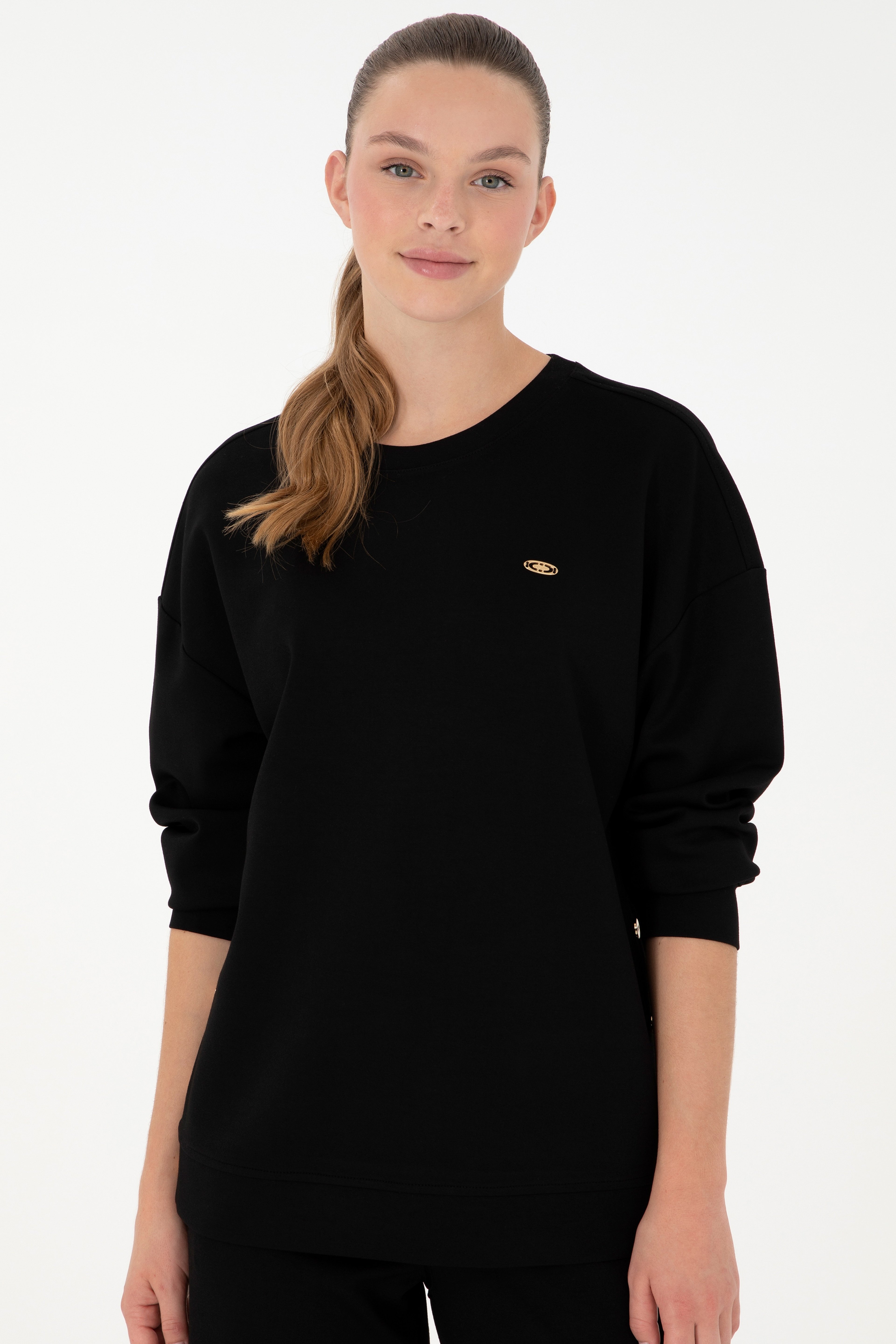 Kadın Siyah Bisiklet Yaka Sweatshirt - Image 3