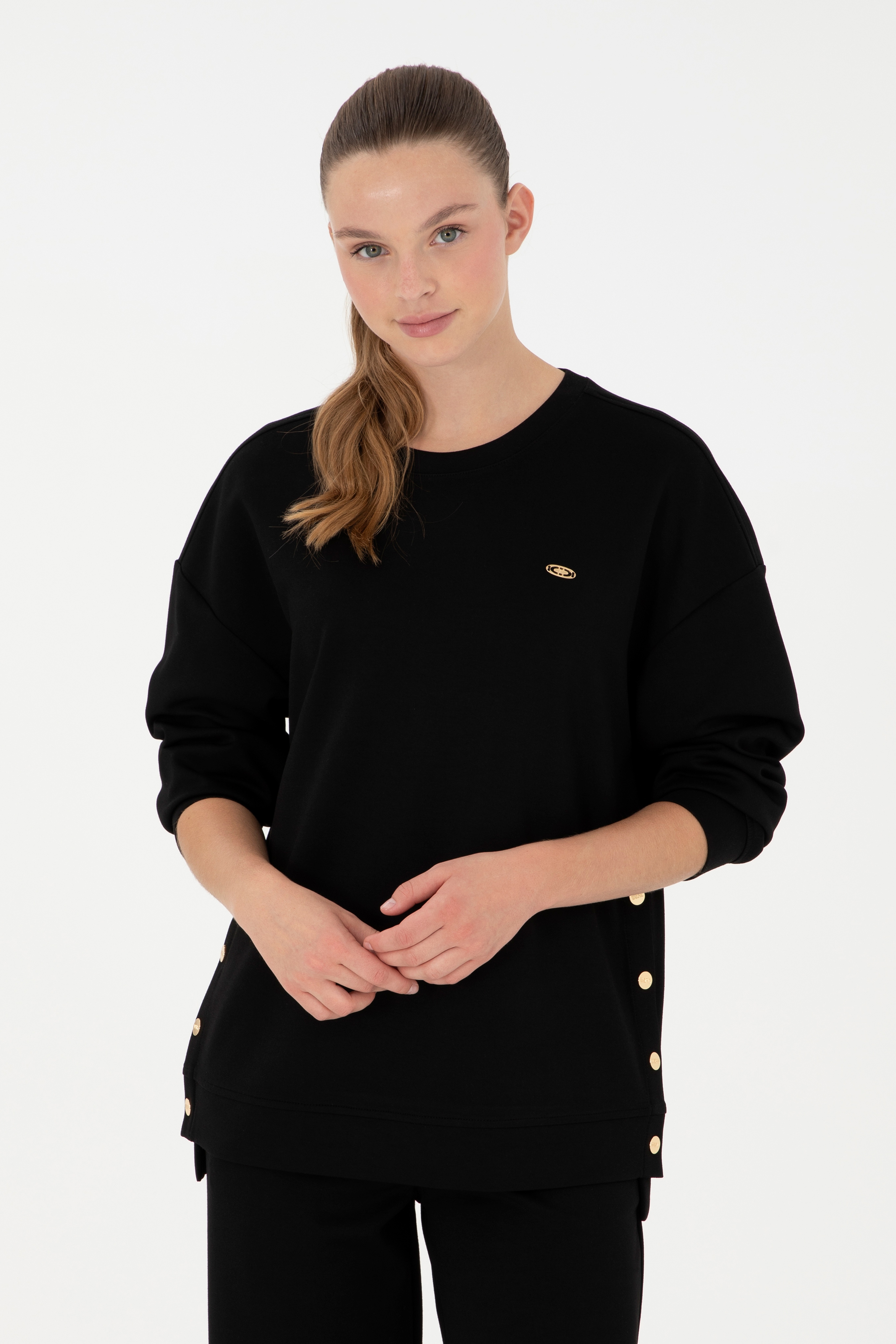 Kadın Siyah Bisiklet Yaka Sweatshirt - Image 1