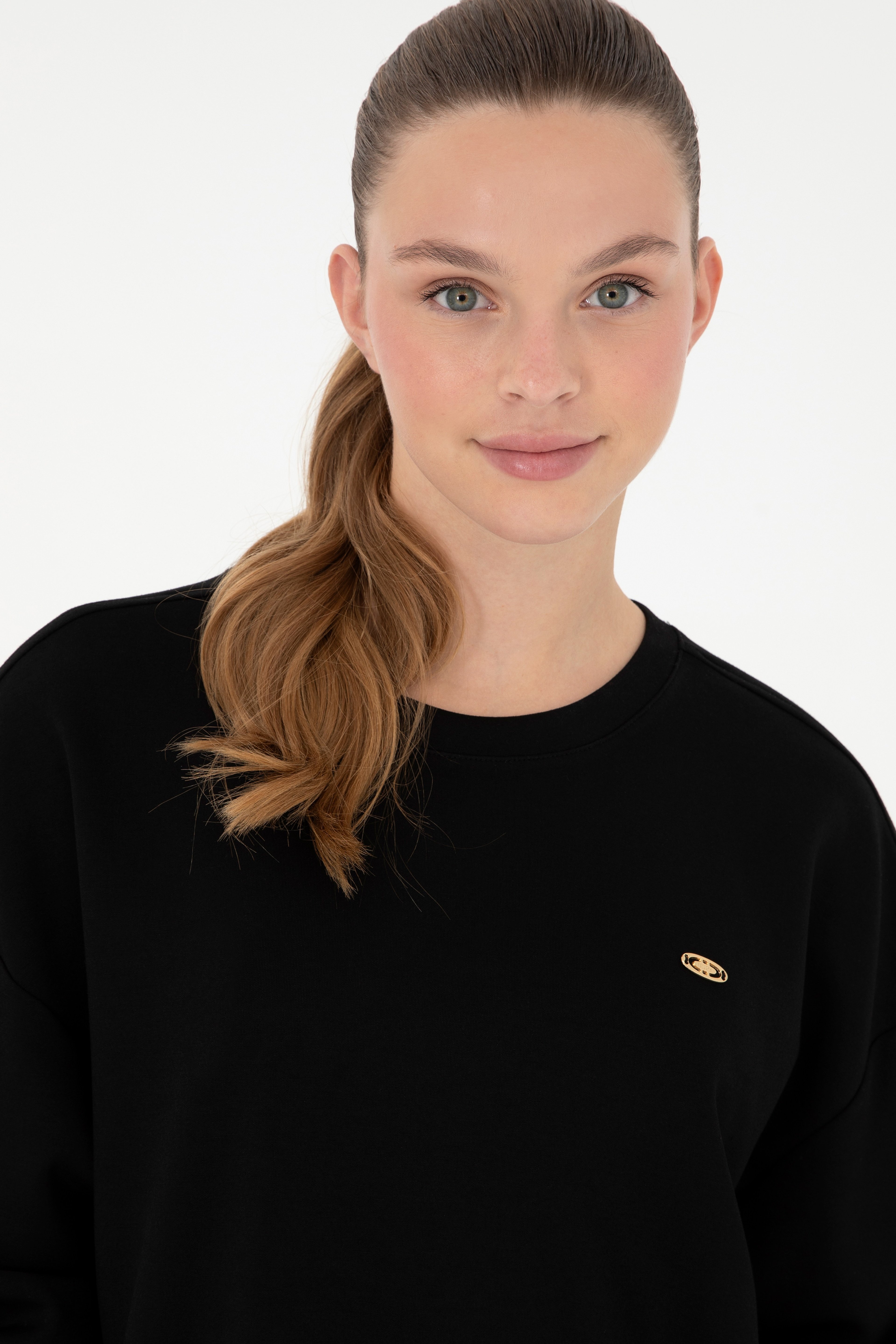 Kadın Siyah Bisiklet Yaka Sweatshirt - Image 2
