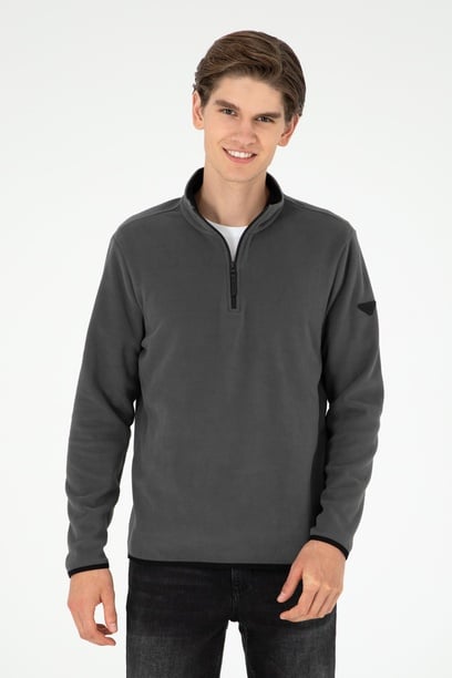 Erkek Yarım Fermuarlı Antrasit Basic Polar Sweatshirt