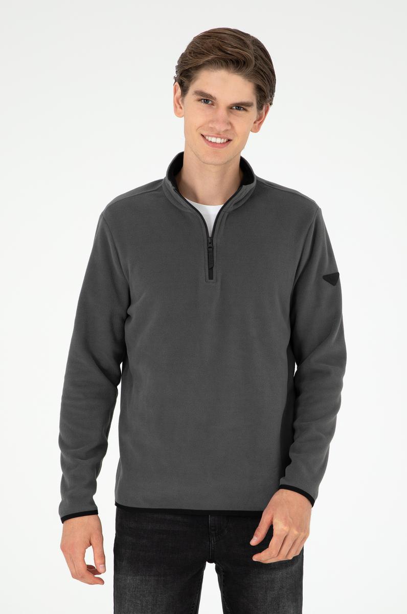 Erkek Yarım Fermuarlı Antrasit Basic Polar Sweatshirt