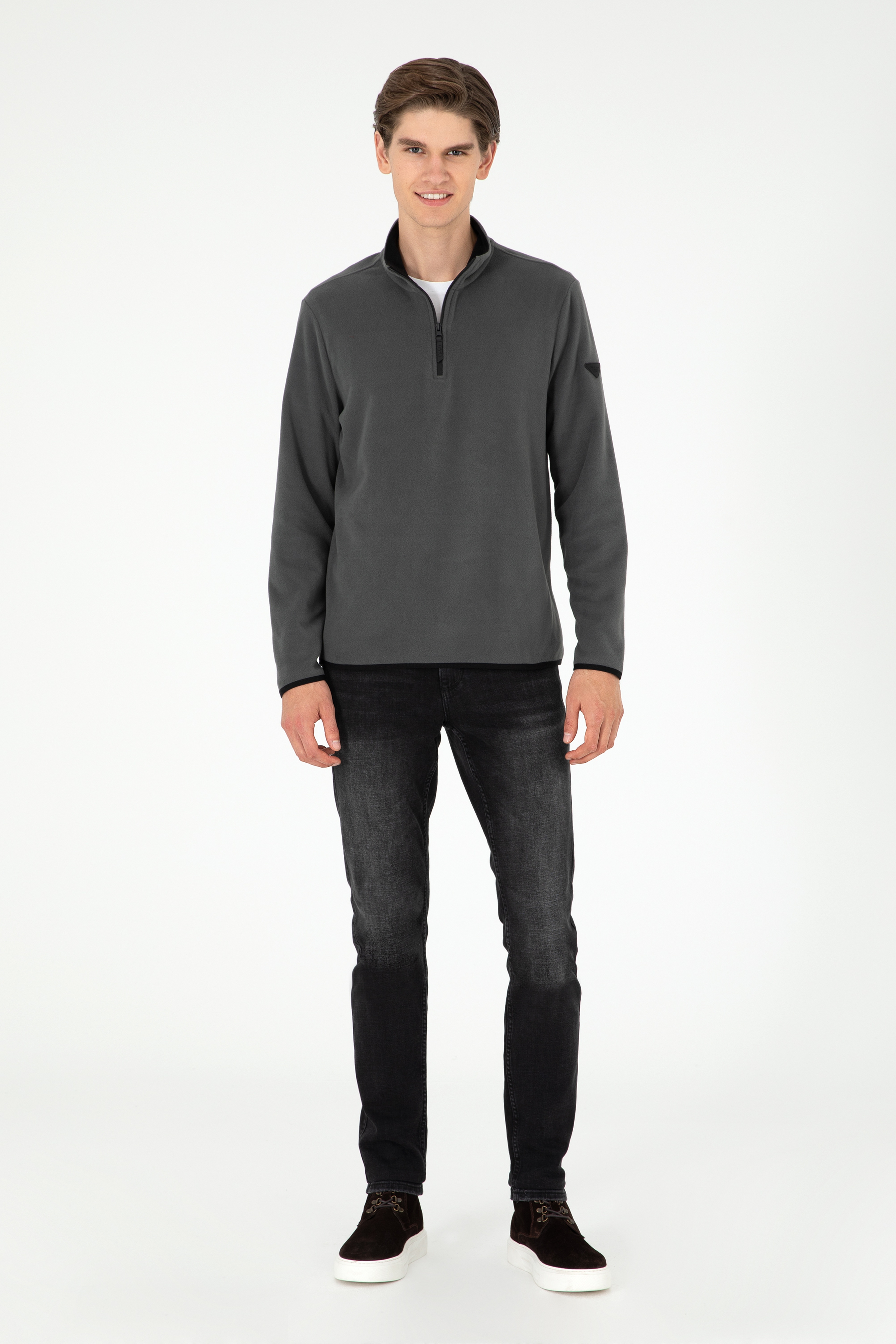 Erkek Yarım Fermuarlı Antrasit Basic Polar Sweatshirt
