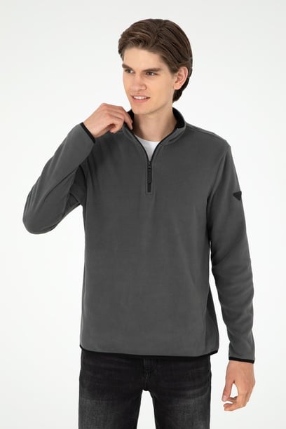 Erkek Yarım Fermuarlı Antrasit Basic Polar Sweatshirt