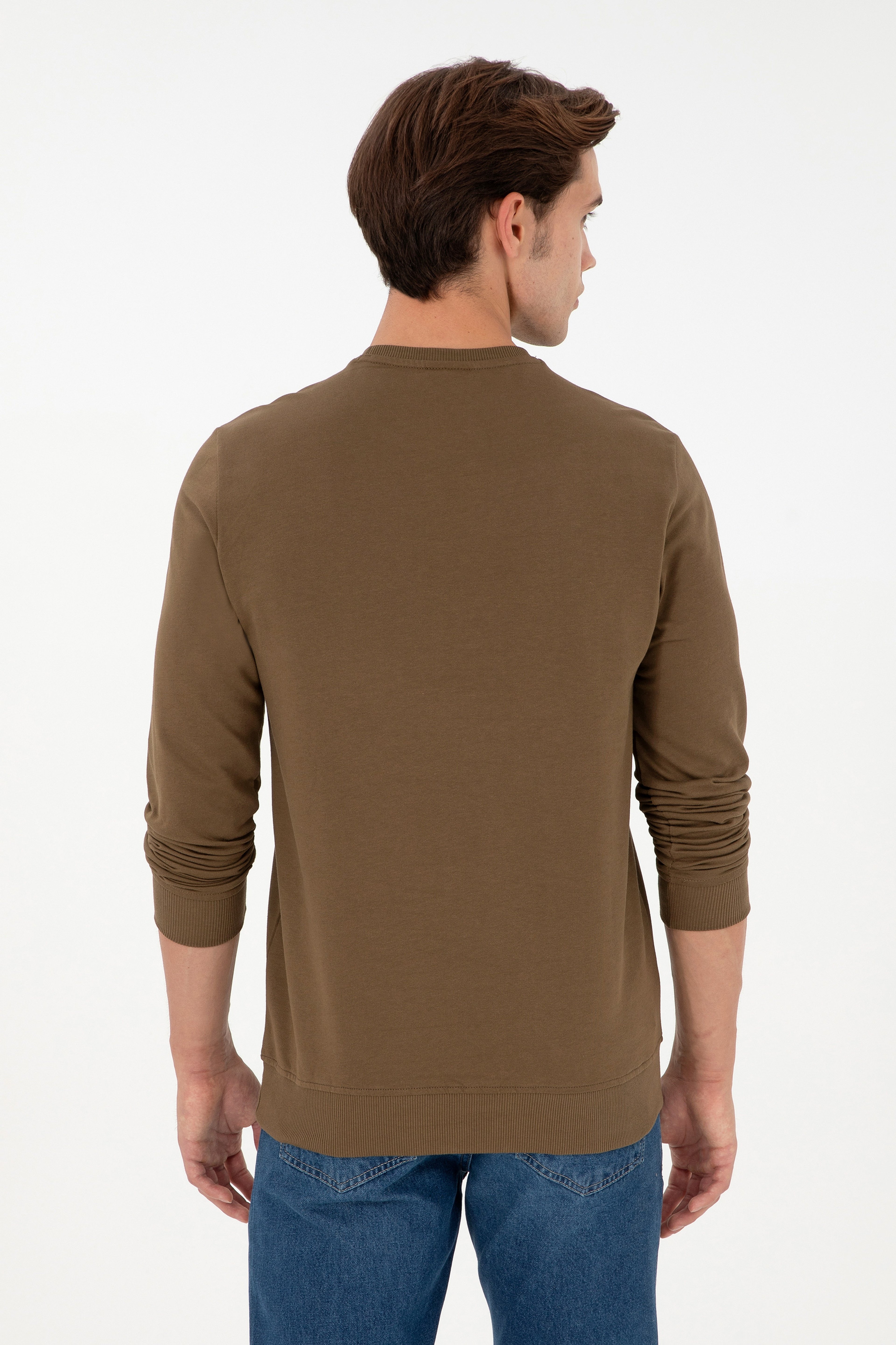 Erkek Regular Fit Bisiklet Yaka Haki Basic Sweatshirt - Image 5