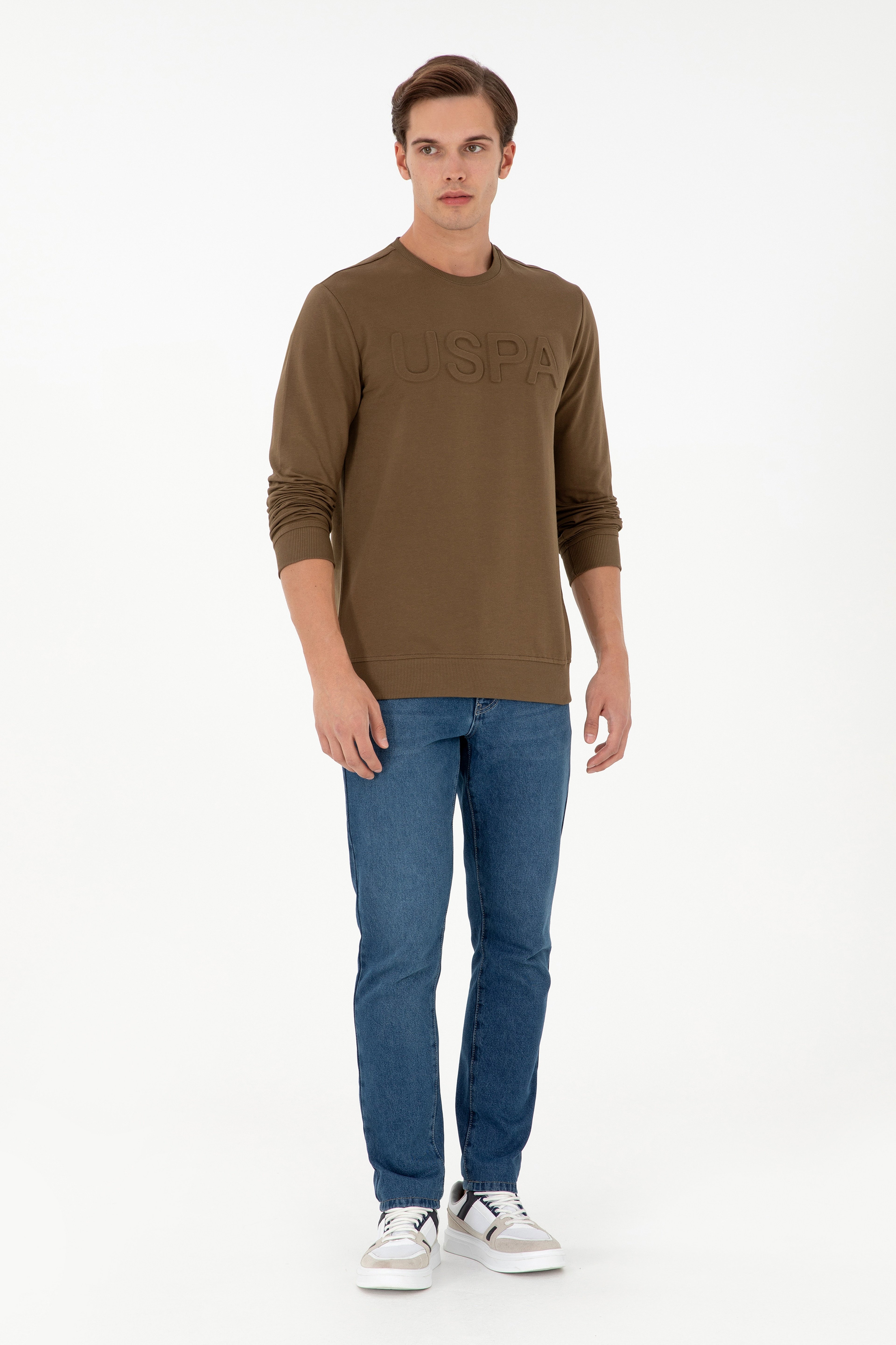 Erkek Regular Fit Bisiklet Yaka Haki Basic Sweatshirt