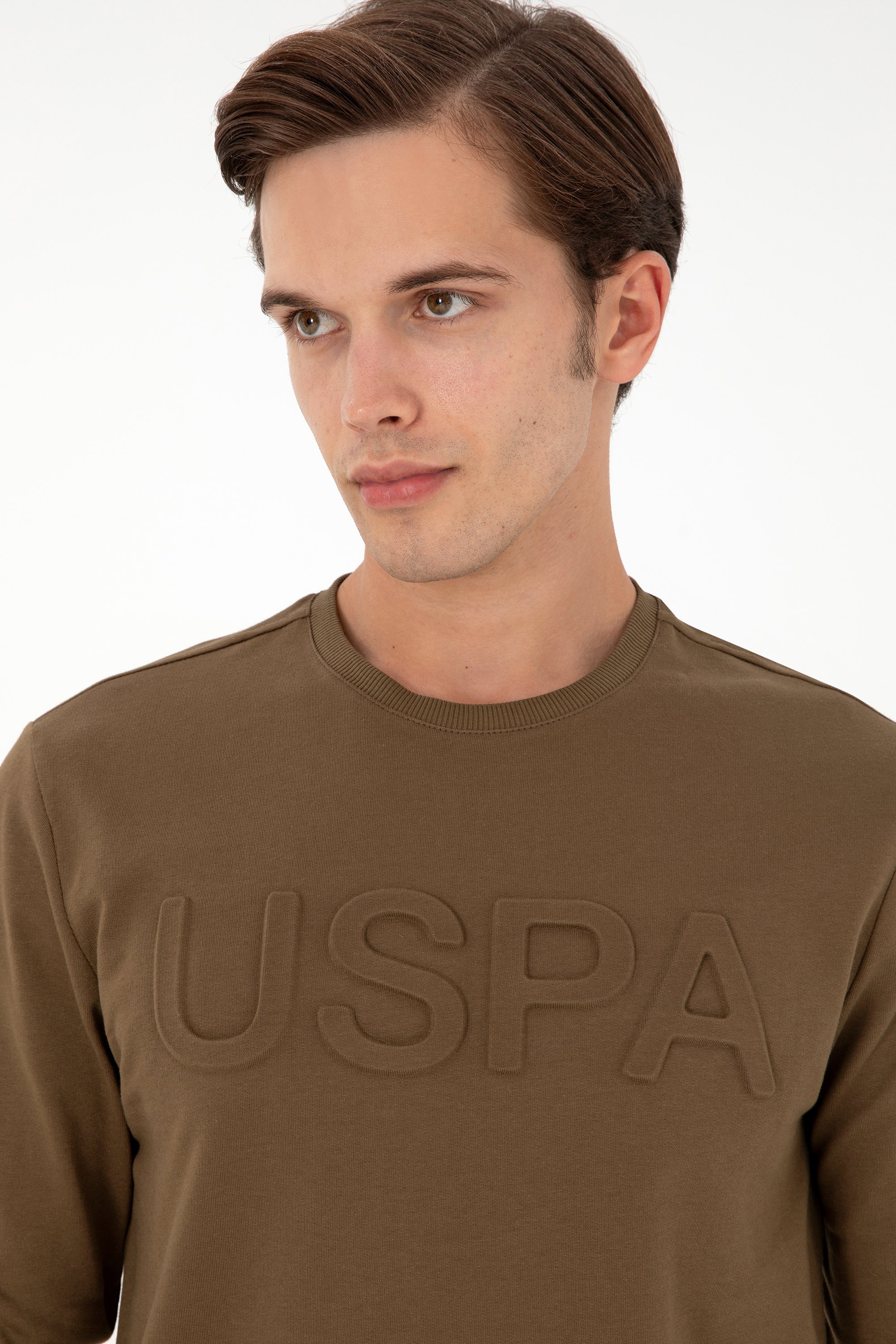 Erkek Regular Fit Bisiklet Yaka Haki Basic Sweatshirt