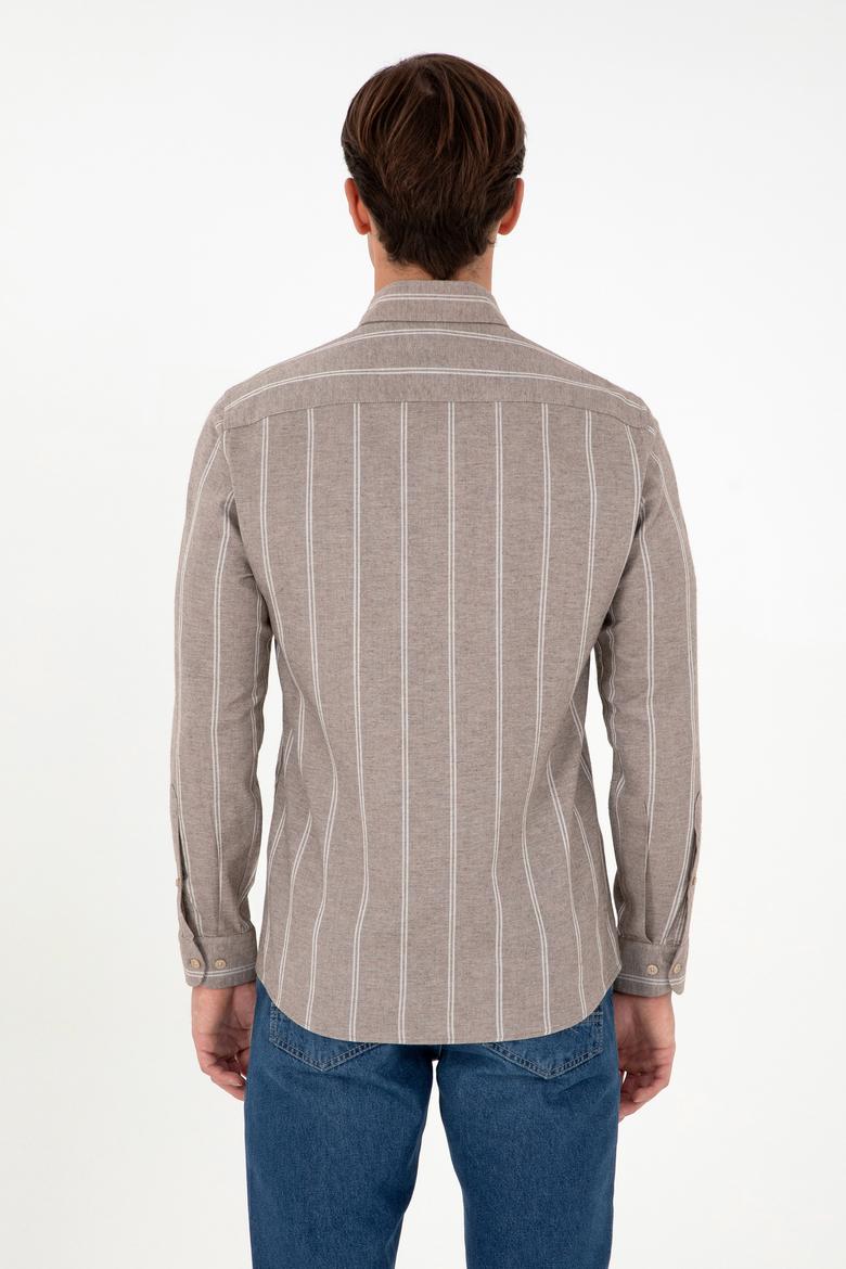 Erkek Beyaz Çizgili Kahverengi Gömlek - 50296560021