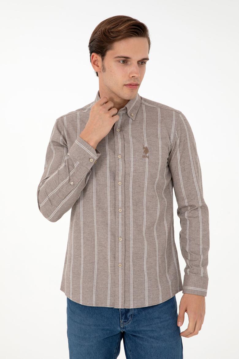 Erkek Beyaz Çizgili Kahverengi Gömlek - 50296560021