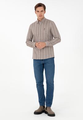 Erkek Beyaz Çizgili Kahverengi Gömlek - 50296560021