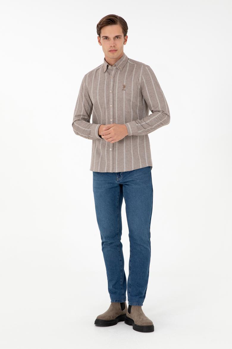 Erkek Beyaz Çizgili Kahverengi Gömlek - 50296560021