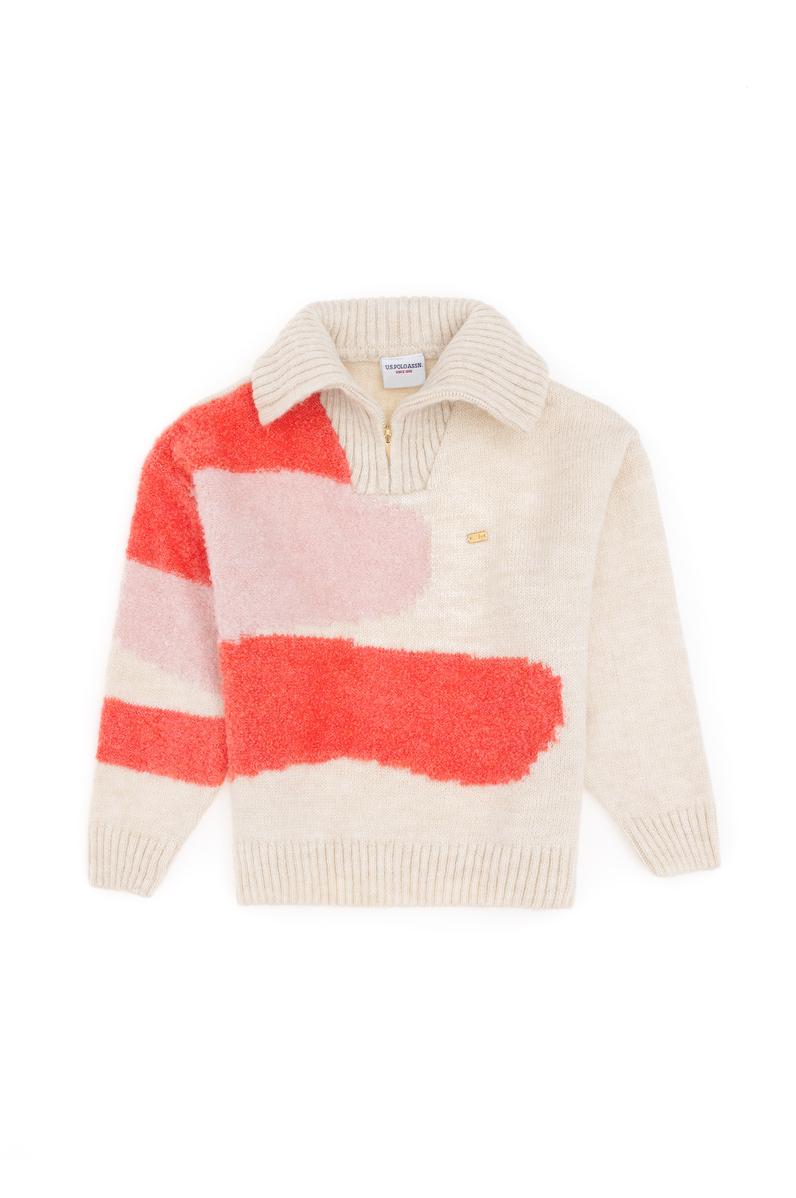 Kız Çocuk Krem Fermuarlı Kazak