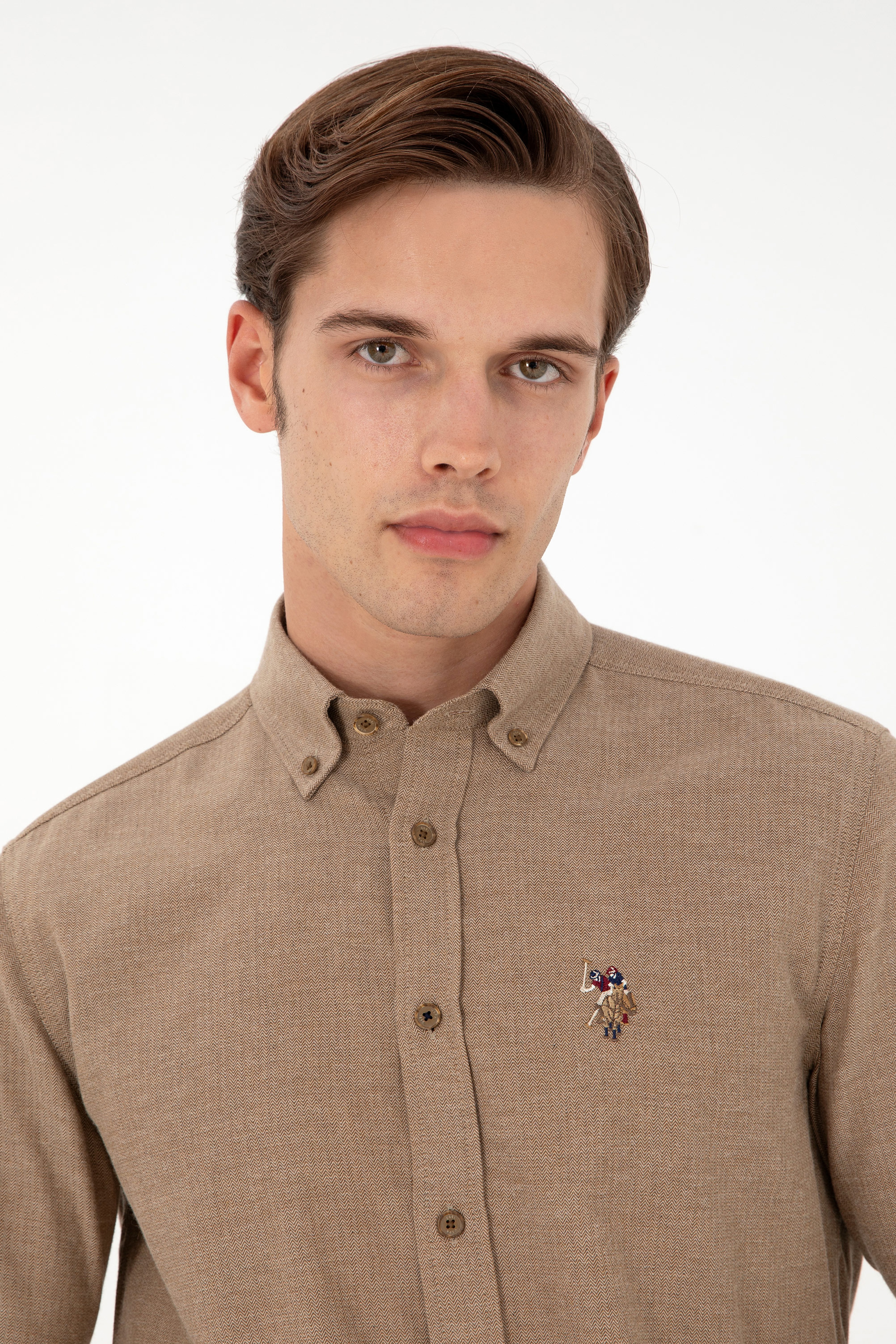 Erkek Haki Uzun Kollu Basic Gömlek - Image 2