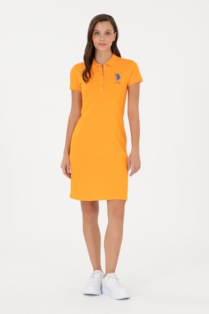Kadın Turuncu Polo Yaka Mini Boy Örme Elbise