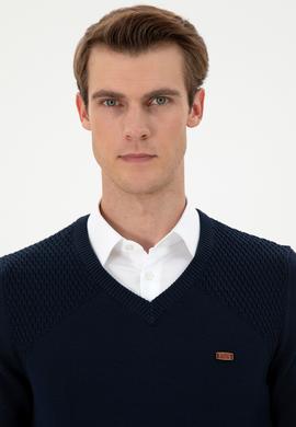 Erkek Slim Fit V Yaka Lacivert Kazak - 50297063007