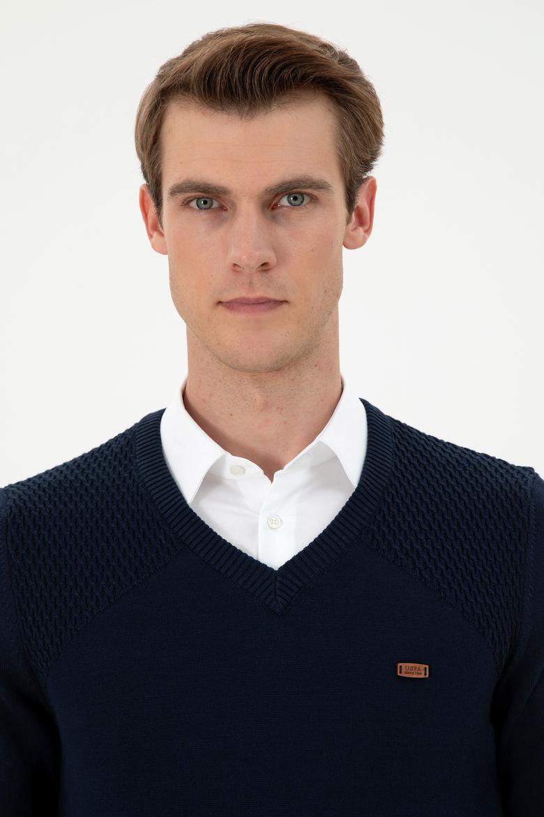 Erkek Slim Fit V Yaka Lacivert Kazak - 50297063007