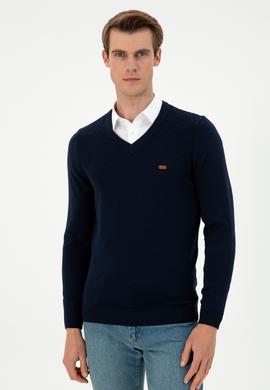 Erkek Slim Fit V Yaka Lacivert Kazak - 50297063007