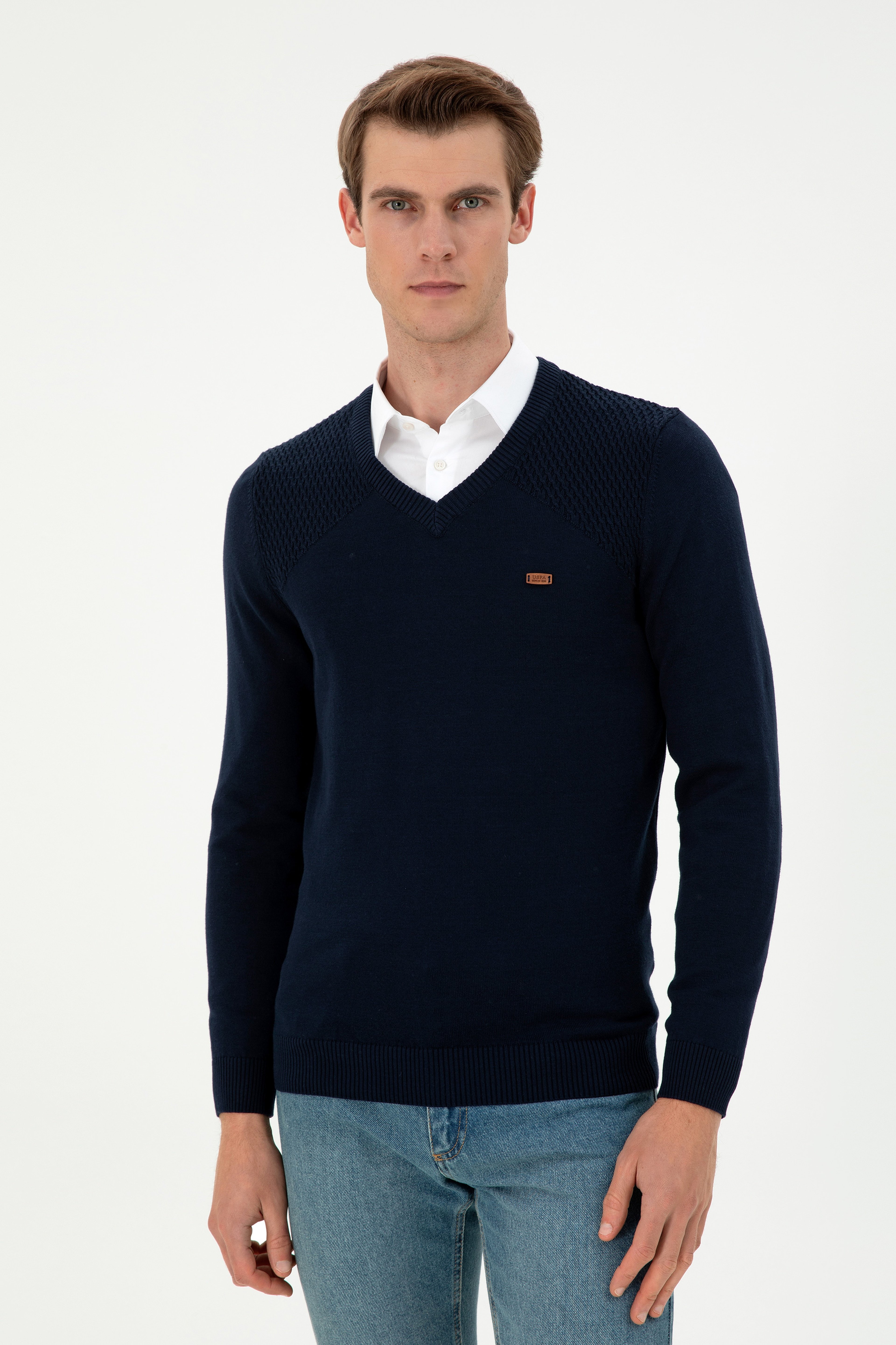 Erkek Slim Fit V Yaka Lacivert Kazak - Image 3