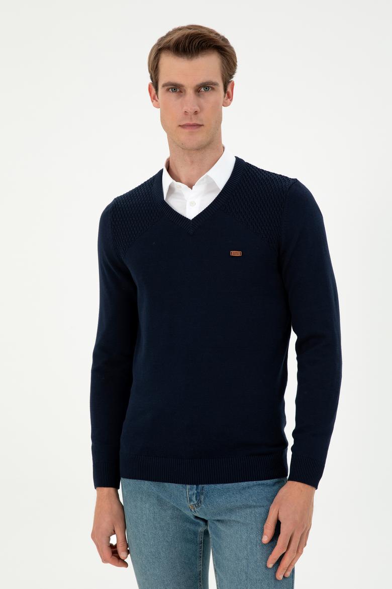 Erkek Slim Fit V Yaka Lacivert Kazak - 50297063007