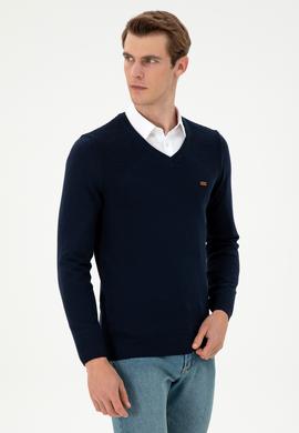 Erkek Slim Fit V Yaka Lacivert Kazak - 50297063007
