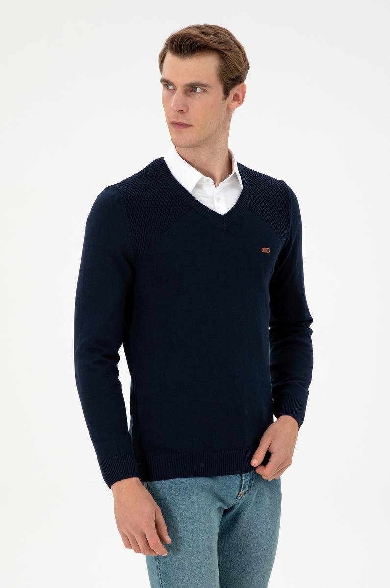 Erkek Slim Fit V Yaka Lacivert Kazak