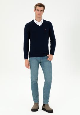 Erkek Slim Fit V Yaka Lacivert Kazak - 50297063007