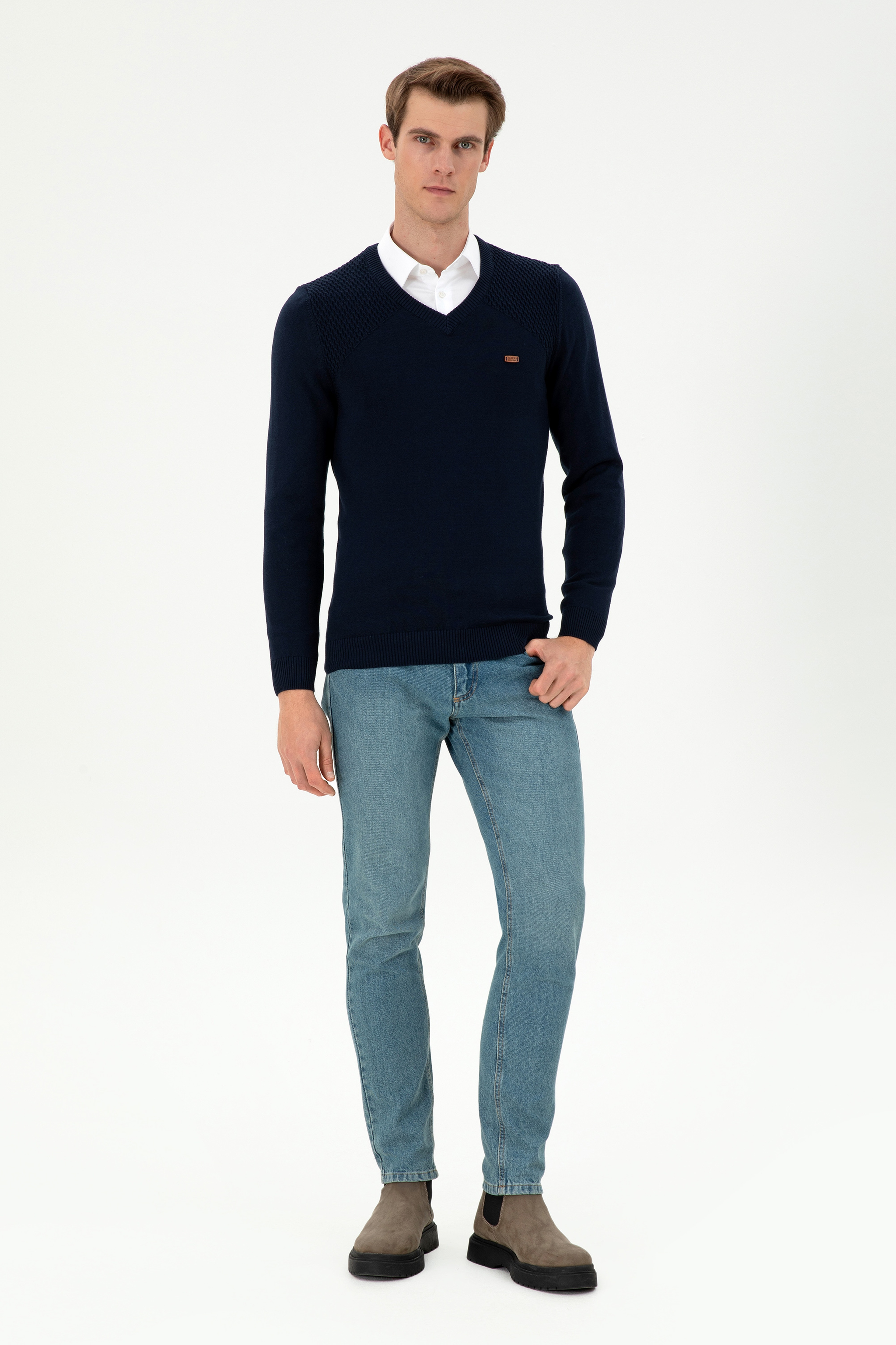 Erkek Slim Fit V Yaka Lacivert Kazak