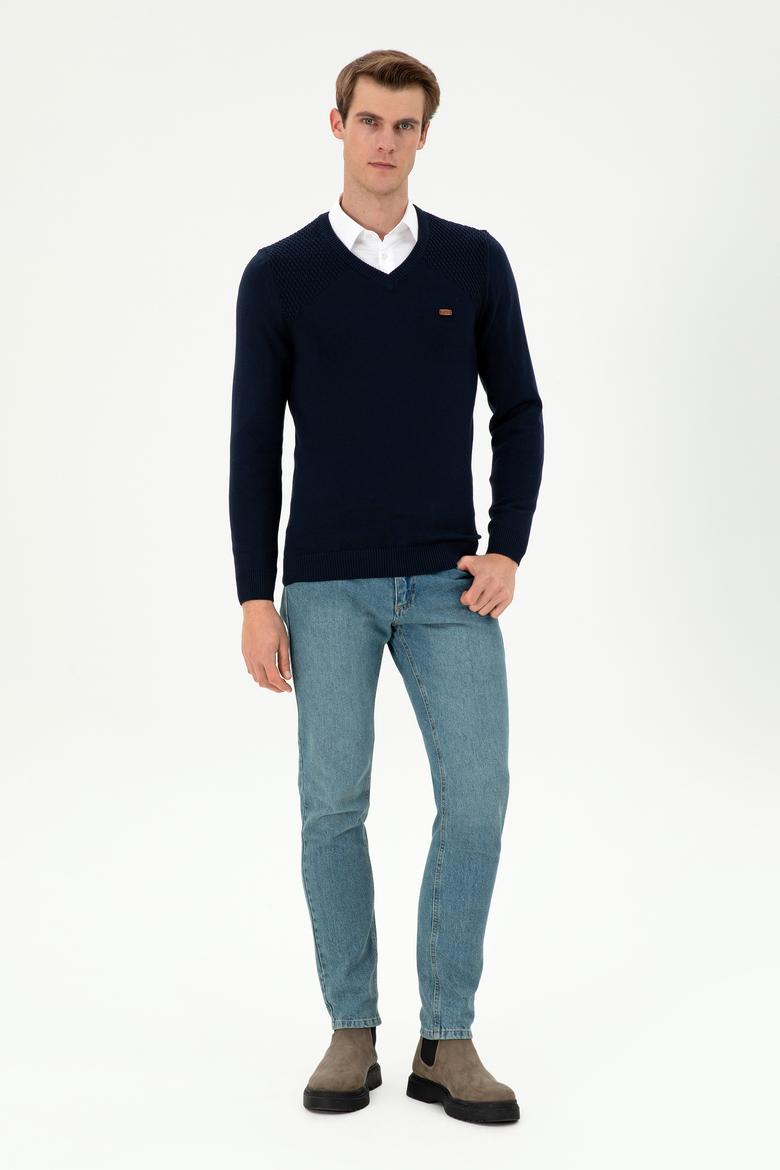 Erkek Slim Fit V Yaka Lacivert Kazak - 50297063007