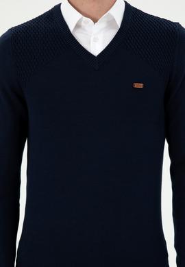 Erkek Slim Fit V Yaka Lacivert Kazak - 50297063007