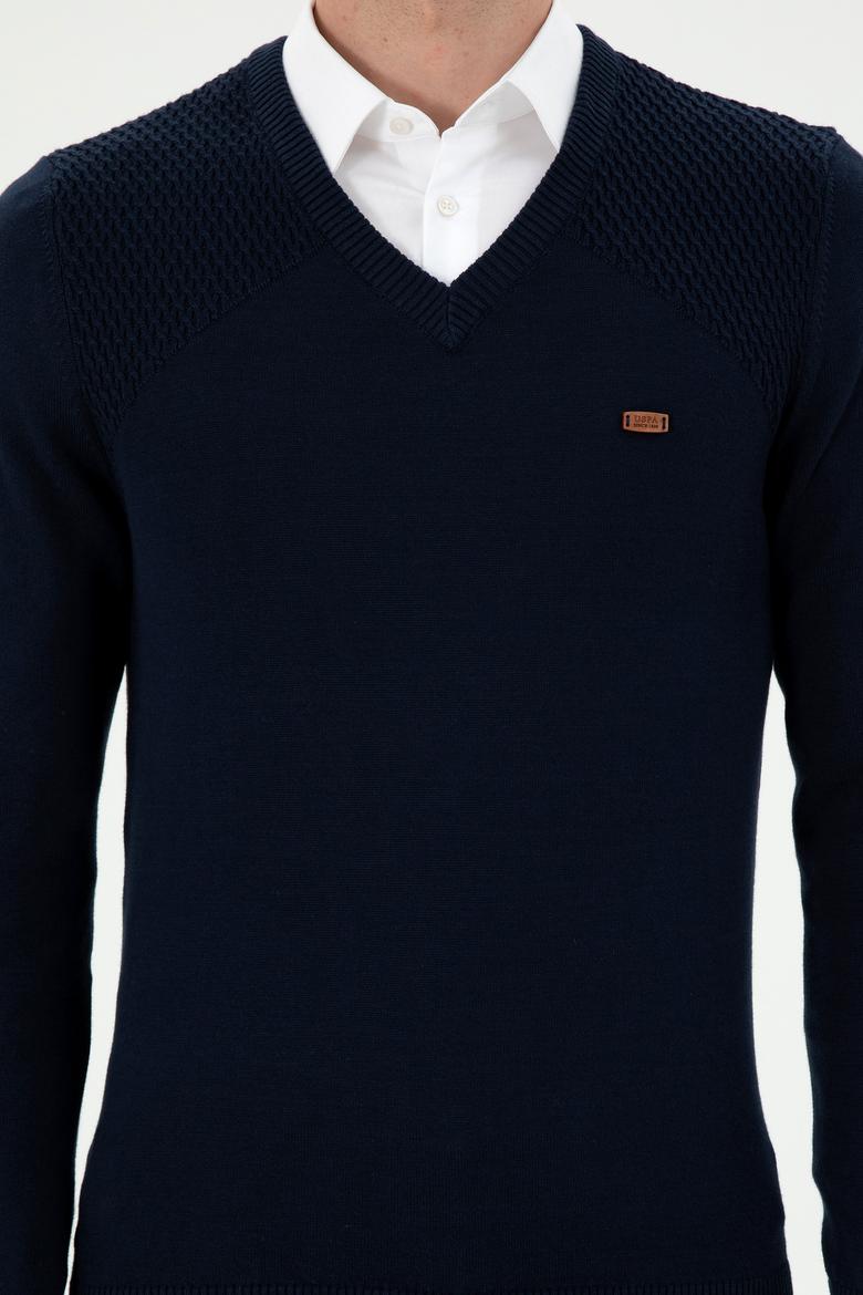 Erkek Slim Fit V Yaka Lacivert Kazak - 50297063007