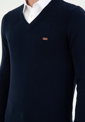 Erkek Slim Fit V Yaka Lacivert Kazak - 50297063007