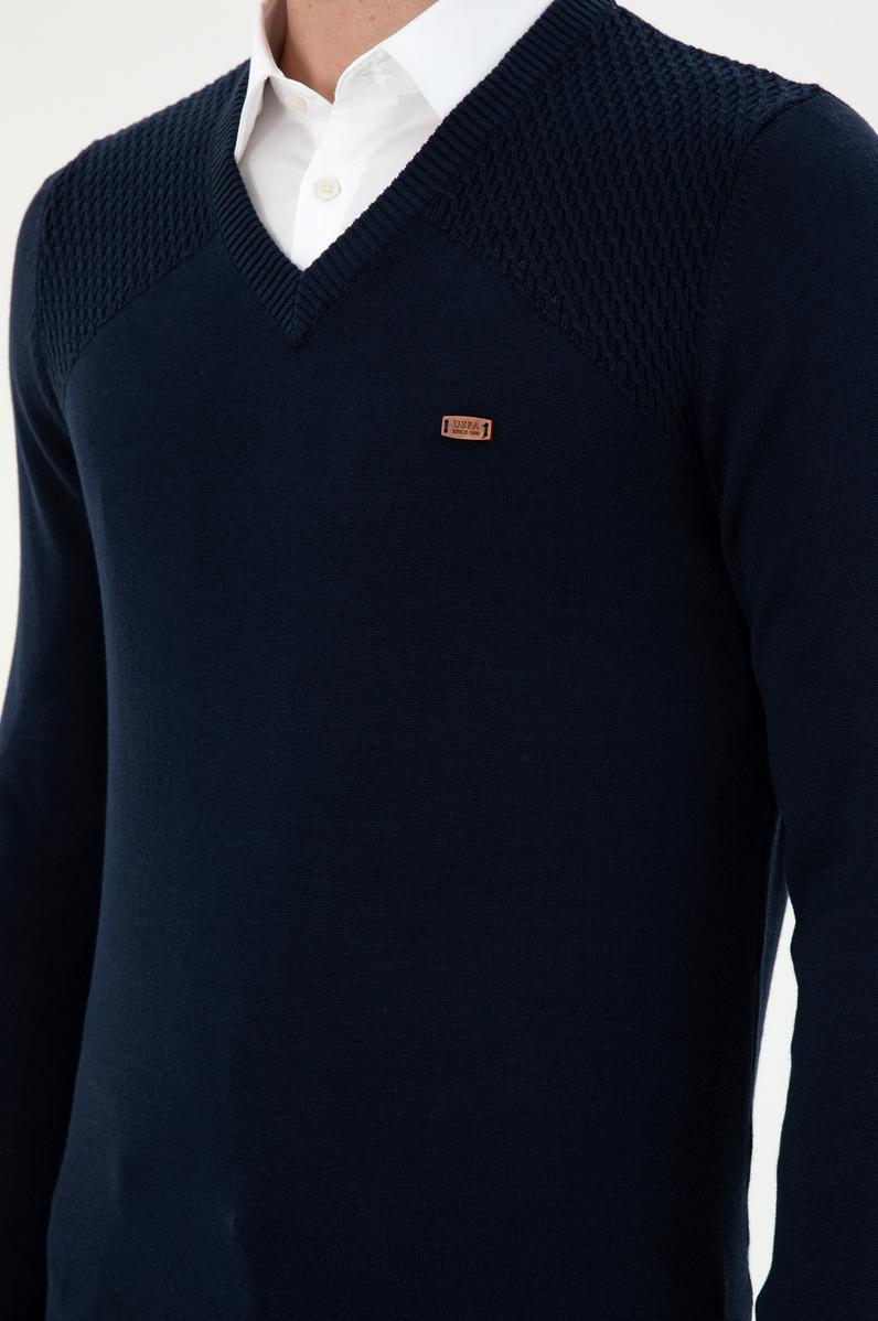 Erkek Slim Fit V Yaka Lacivert Kazak